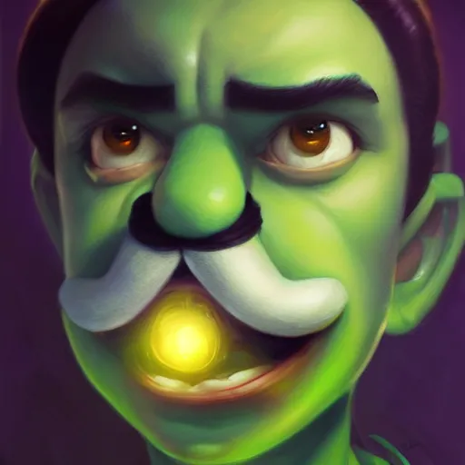 Image similar to hyper realistic, portrait of a mega derpy luigi by greg rutkowski, scott m fischer, artgerm, loish, slight glow, atmospheric, anne stokes, alexandros pyromallis