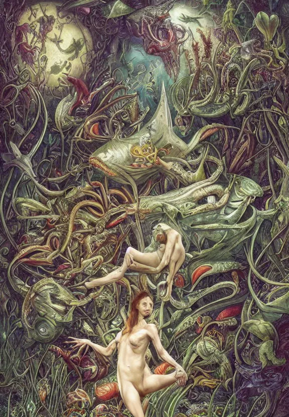 Prompt: elegant, muscular sharks, human babies, botany, orchids, radiating, colorful mandala, psychedelic, overgrown garden environment, by h. r. giger and esao andrews and maria sibylla merian eugene delacroix, gustave dore, thomas moran, pop art, biomechanical xenomorph, art nouveau, somber, horror