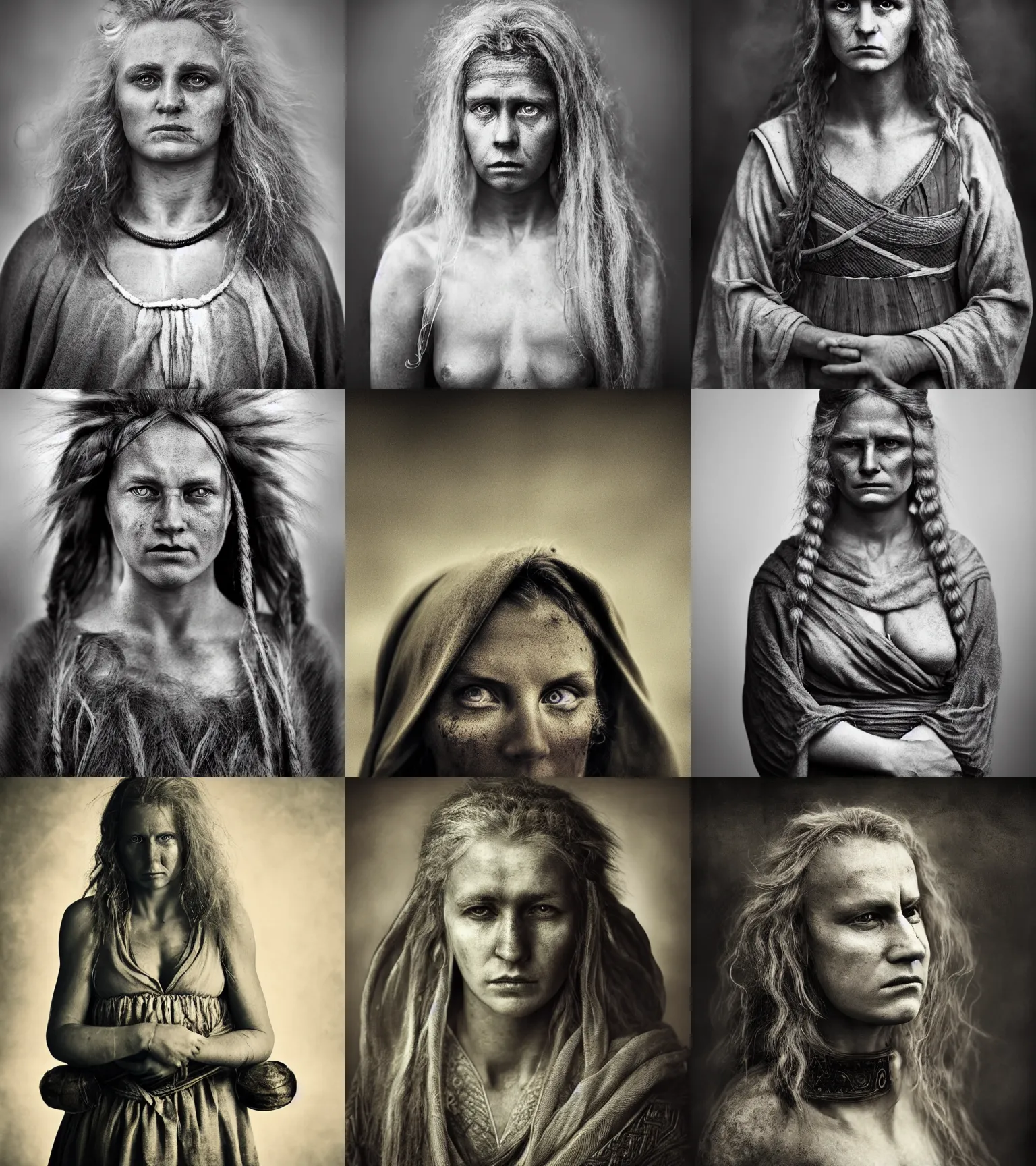 Prompt: Award winning full-body photo of an Early-medieval Norwegian Female heroes, with incredible hair and beautiful eyes wearing traditional garb by Lee Jeffries, 85mm ND 4, perfect lighting, gelatin silver process