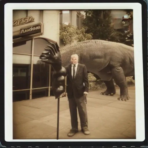 Image similar to a polaroid photo of an old man standing next to a dinosaur statue outside mcdonald's