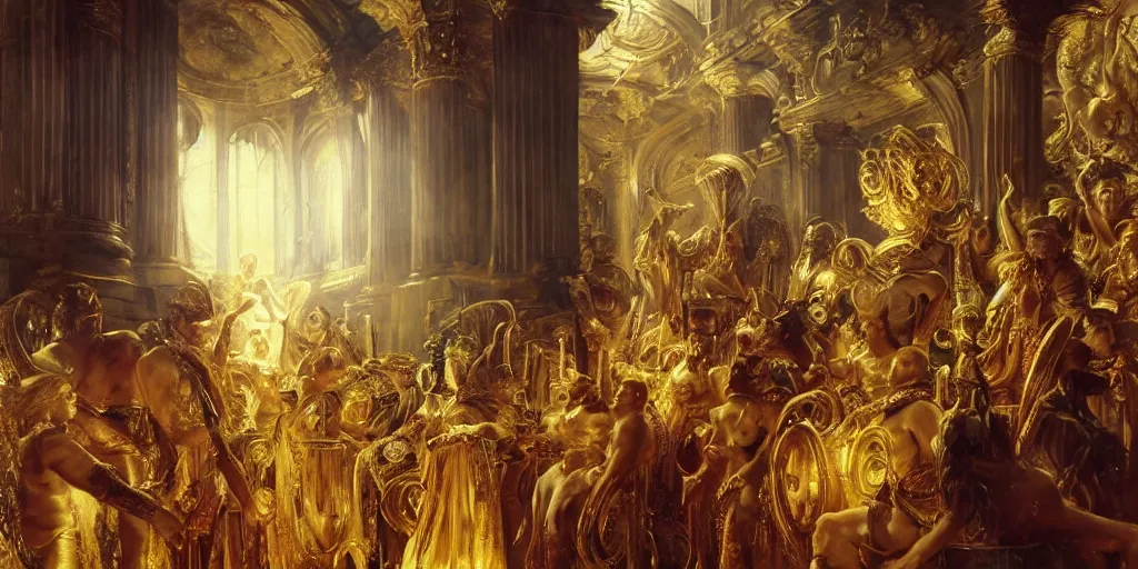 Image similar to beautiful oil painting, high details, the alien god emperor of ancient civilization surrounded by servants in gilded halls a golden wreath upon his head, by anders zorn, wonderful masterpiece by greg rutkowski, beautiful cinematic light, american romanticism, by giger, rolf armstrong, ernie barnes