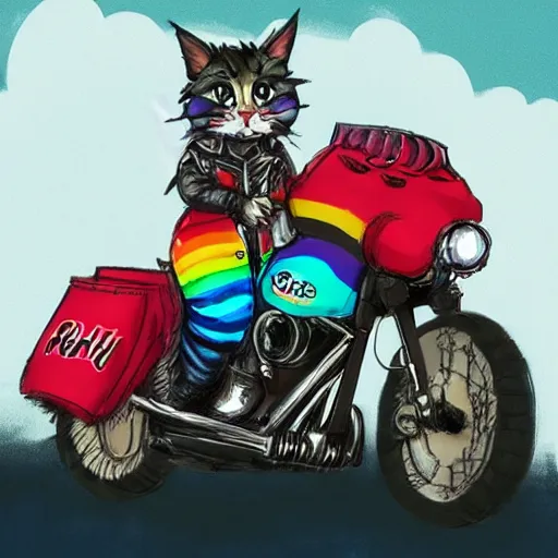 Image similar to wide angle full body, jacket wearing fluffy cute rainbow kitten wearing a black leather motorcycle jacket, riding on a motorcycle, cinematic concept art