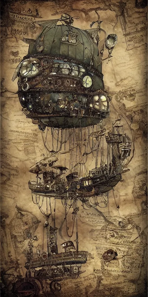 Image similar to a vintage steampunk living airship by alexander jansson and where's waldo