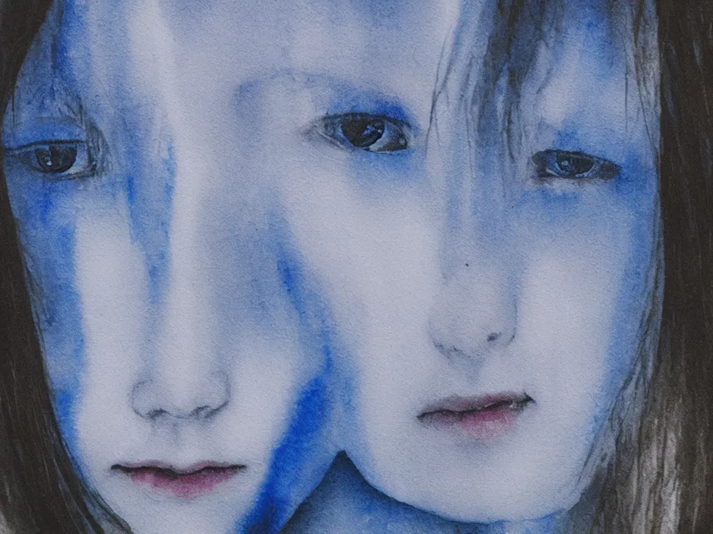 Image similar to the piercing blue eyed stare of yuki onna, freezing blue skin, painted in minimalist watercolor, bokeh, asymmetric, rule of thirds