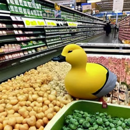 Prompt: a duck shopping in morrisons