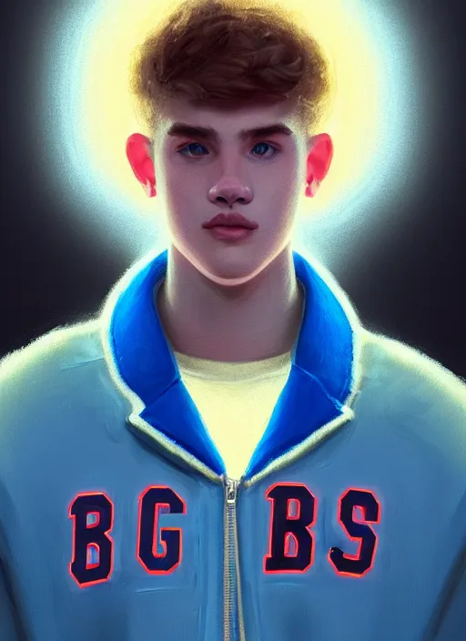 Image similar to portrait of high school senior boy named big moose, blonde short hair, jock, beefy, wide face, square jaw, square facial structure, blue varsity jacket with letter r, intricate, elegant, glowing lights, highly detailed, digital painting, artstation, concept art, sharp focus, illustration, art by wlop, mars ravelo and greg rutkowski