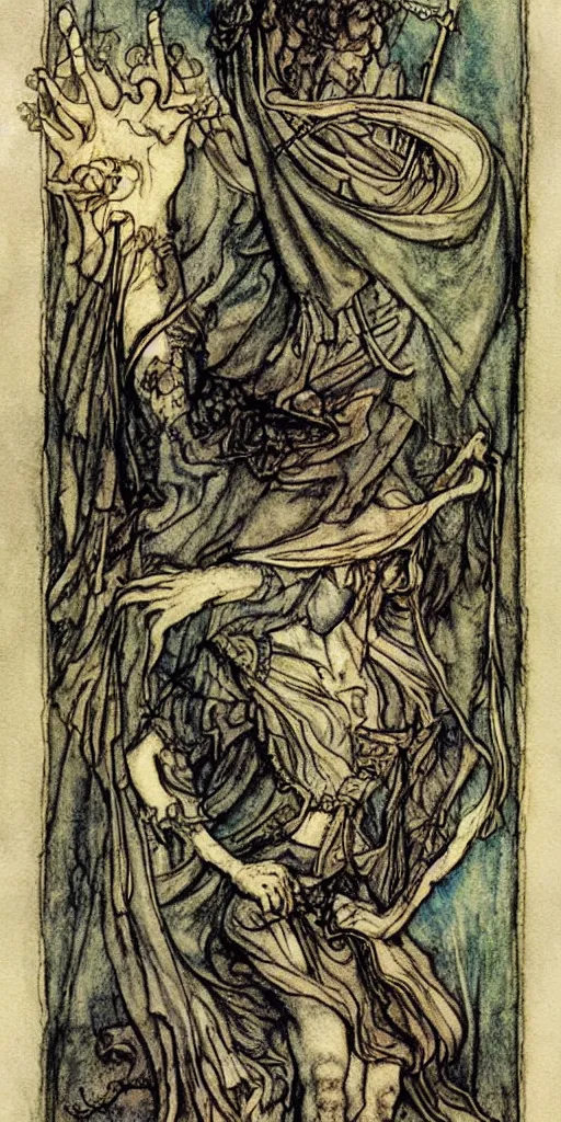 Image similar to tarot card detailed painting, illustration, tarot card framing with roman numbers, in style of Arthur Rackham