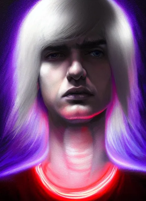 Image similar to hair whitebangs hair, black hair, whitebangs, portrait of trump with white bangs, red irises, purple clothes, white bangs, bangs are different color from hair, intricate, elegant, glowing lights, highly detailed, digital painting, artstation, concept art, smooth, sharp focus, illustration, art by wlop, mars ravelo and greg rutkowski