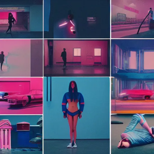 Prompt: nike campaign in the style of tyler mitchel, blue rays, redshift, wide shot, coloured polaroid photograph, pastel, kodak film, hyper real, stunning moody cinematography, by maripol, fallen angels by wong kar - wai, 3 5 mm, style of suspiria and neon demon, david hockney, detailed, film photography