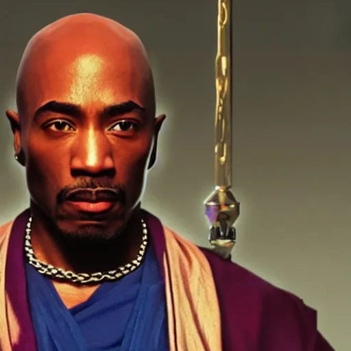 Prompt: Tupac Shakur as Mace Windu, highly detailed, 8k, movie still, high contrast