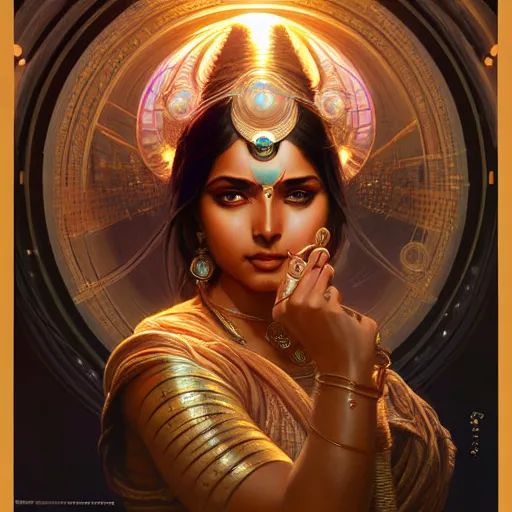 Prompt: futuristic lakshmi, sci-fi, fantasy, intricate, elegant, attractive, indian goddess, highly detailed, digital painting, artstation, concept art, smooth, sharp focus, illustration, art by artgerm and greg rutkowski and Raja ravi verma and alphonse mucha