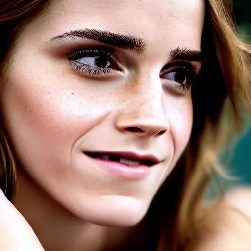 Image similar to closeup of emma watson's face, high quality, 8 k, photorealistic, beautiful, film