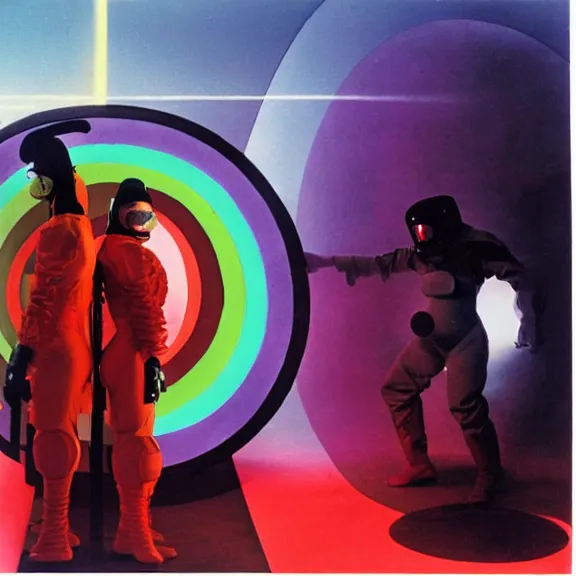 Image similar to two time generals wearing flight masks and red rick owens flight suits inside the glowing geometric rainbow portal to the sixth dimension by frank frazetta