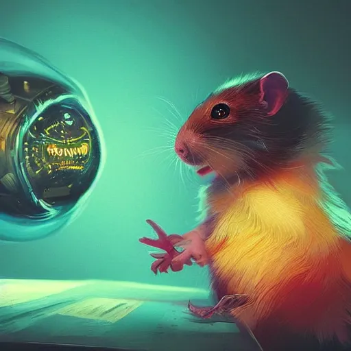 Image similar to very scared hamster, dollars on background, digital illustration portrait design, by android jones and greg rutkowski, retrowave color scheme, detailed, cinematic lighting, wide angle action dynamic portrait