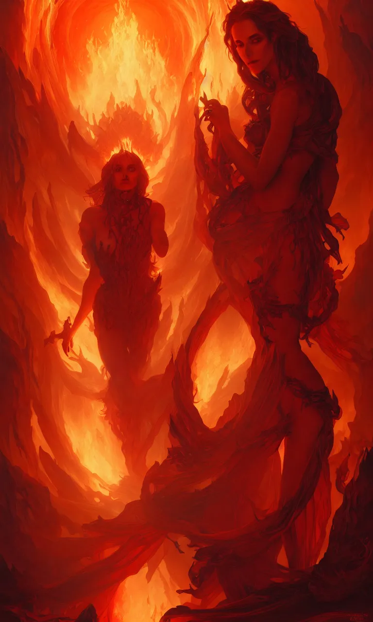 Prompt: Purgatory, fire woman in hell. The gateway to the infernal underworld. Devils demons, highly detailed, digital painting, artstation, concept art, smooth, sharp focus, illustration, art by artgerm and greg rutkowski and alphonse mucha