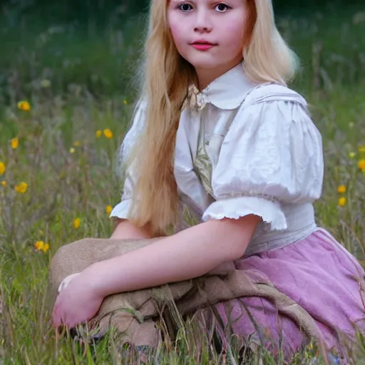 Prompt: young blonde pioneer girl in a meadow, portrait, anime