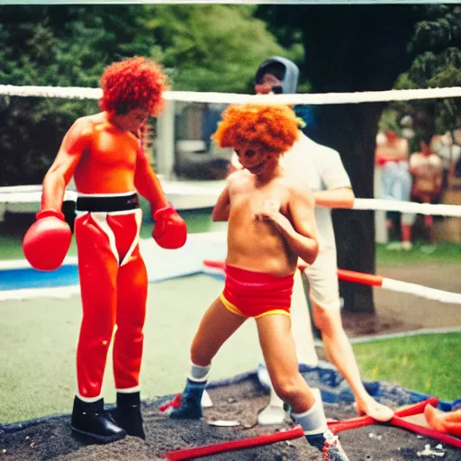 Image similar to Ronald McDonald vs Kurger Bing backyard wrestling, 35mm film