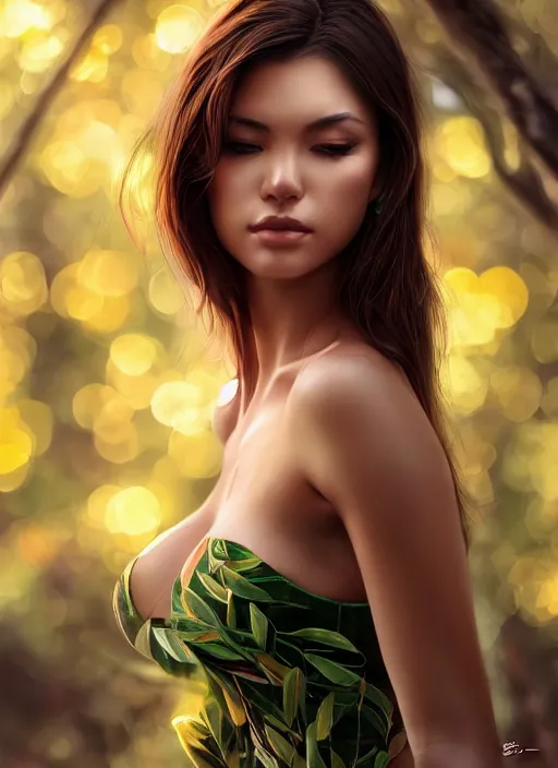 Image similar to photo of a gorgeous female in the style of stefan kostic, realistic, half body shot, sharp focus, 8 k high definition, insanely detailed, intricate, elegant, art by stanley lau and artgerm, extreme bokeh foliage