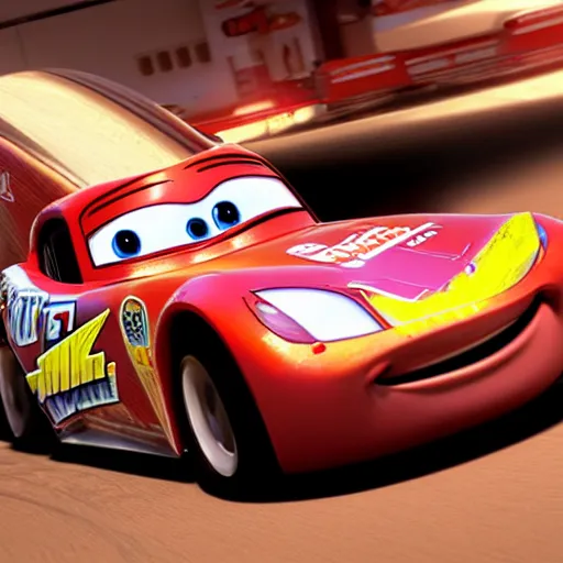 Image similar to lightning mcqueen ray - tracing render, unreal engine, 3 d, atmospheric light, godrays, award - winning, maya, blender