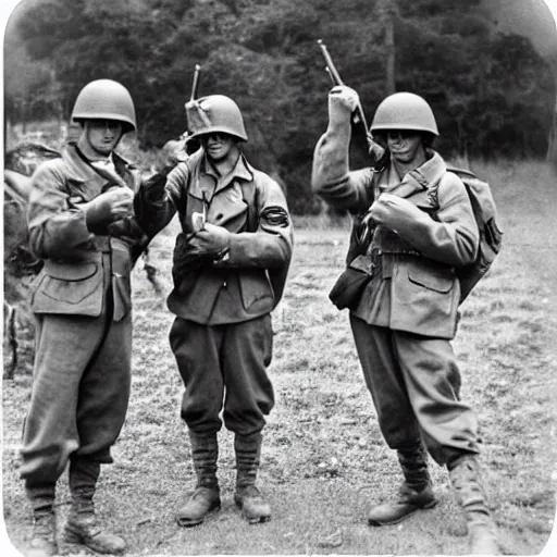 Image similar to World War 2 photo of soldiers fighting with finger guns