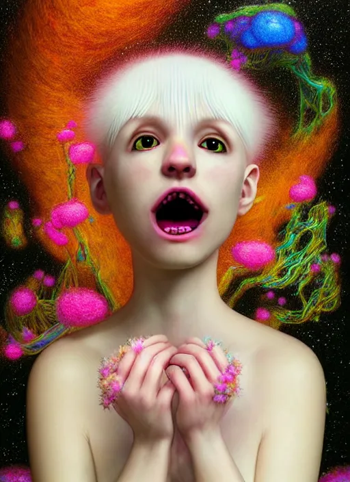 Image similar to hyper detailed 3d render like a Oil painting - kawaii portrait Aurora (white haired Singer Ferret) seen Eating of the Strangling network of yellowcake aerochrome and milky Fruit and Her delicate Hands hold of gossamer polyp blossoms bring iridescent fungal flowers whose spores black the foolish stars by Jacek Yerka, Mariusz Lewandowski, Houdini algorithmic generative render, Abstract brush strokes, Masterpiece, Edward Hopper and James Gilleard, Zdzislaw Beksinski, Mark Ryden, Wolfgang Lettl, hints of Yayoi Kasuma, octane render, 8k