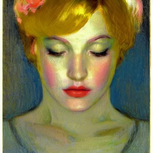 Image similar to a beautiful girl's face made of ivory and gold filigree, film still by edward hopper, by Bosch, by klimt, art noveau, highly detailed, strong lights, liminal, eerie, Bright pastel colors