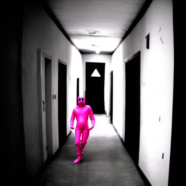 Image similar to a nightmare where a man in a pink morphsuit chases you down a black & white dark hallway, horror, creepy, 3 5 mm, film shot, found footage, scary