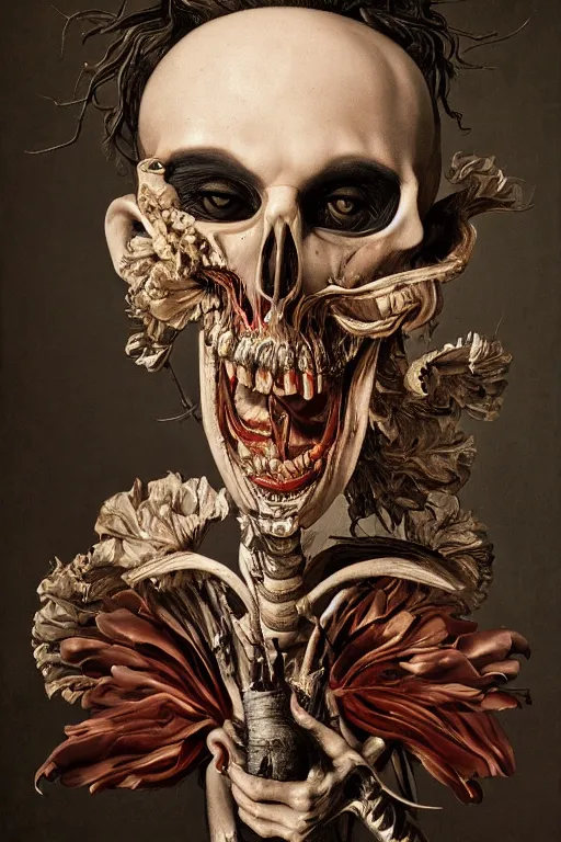 Image similar to Detailed maximalist portrait with large lips and with large white eyes, angry, exasperated expression, skeletal, HD mixed media, 3D collage, highly detailed and intricate, surreal illustration in the style of Caravaggio, dark art, baroque