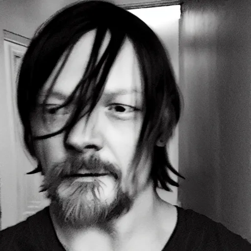 Image similar to Norman Reedus taking a selfie in the backrooms hallway, liminal space hallway, backrooms, selfie photo