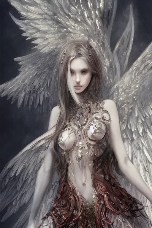 Image similar to beautiful demon maiden with angelic wings, intricate, elegant, highly detailed, digital painting, artstation, concept art, smooth, sharp focus, illustration, art by Yoshitaka Amano