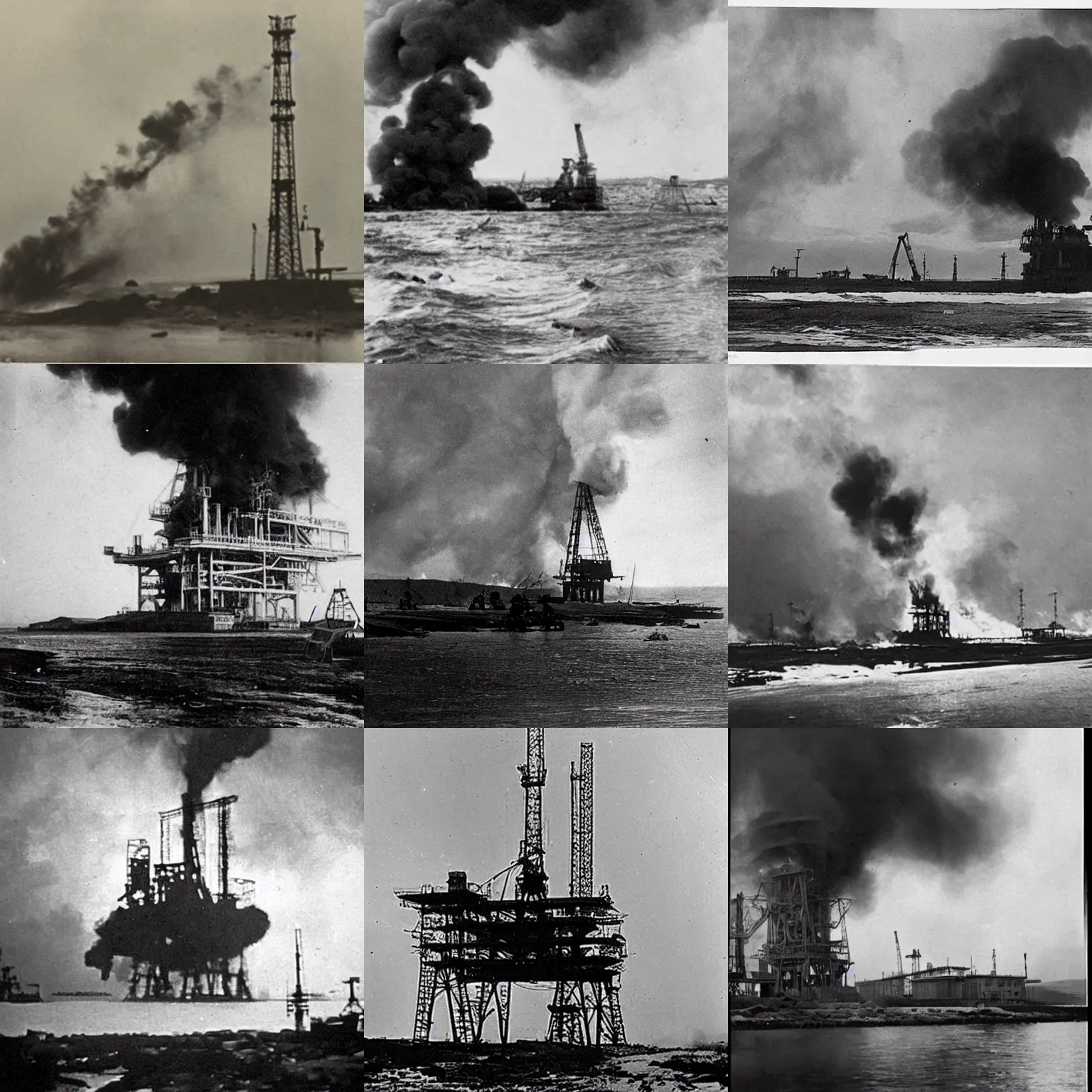 Prompt: “oil rig on fire, 1900’s photo”