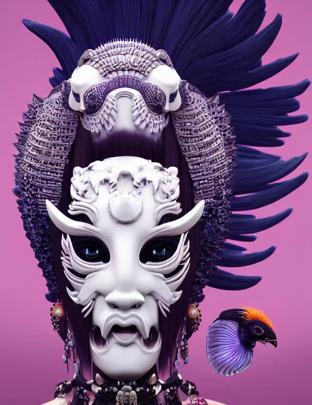 Image similar to 3 d goddess close - up profile portrait punk with mohawk with ram skull. beautiful intricately detailed japanese crow kitsune mask and clasical japanese kimono. betta fish, jellyfish phoenix, bio luminescent, plasma, ice, water, wind, creature, artwork by tooth wu and wlop and beeple and greg rutkowski