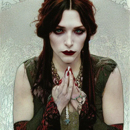 Image similar to portrait of a lady vampire, 35mm, 1920', depth of field, ominous, sharp, photorealistic, realistic, high definition, 8k, deviantart, donato giancola, irwin penn, Alphonse Mucha