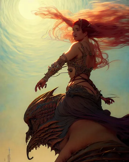 Prompt: the sorceress rides towards the horizon upon a really large and fat cat, dnd fantasy art, intricate, elegant, highly detailed, digital painting, artstation, sharp focus, illustration, art by wlop, mars ravelo and greg rutkowski, art by brom, artgerm and alphonse mucha, 8 k, highly detailed