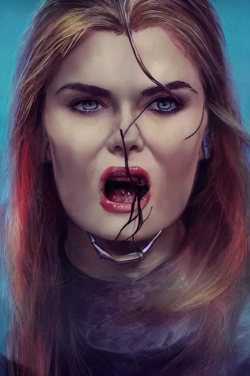 Image similar to mix of beautiful young maria shriver, mariel hemmingway, brooke shields, nicole kidman and elle macpherson as a vampire with mouth open with sharp teeth, thin lips, hair tied up in a pony tail, dark blonde hair, colorful, artstation, cgsociety