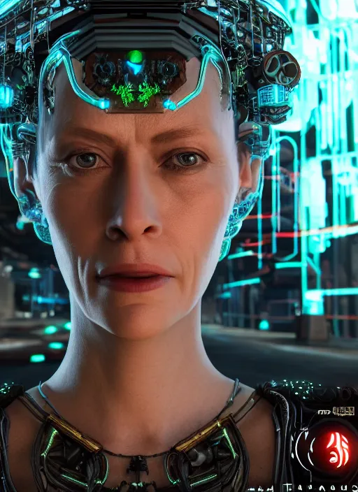 Image similar to 35mm portrait of 7 of 9 borg on the background of a weird magical mechanical forest. Round gears visible inside her hear. Very detailed 8k. Fantasy cyberpunk horror. Sharp. Unreal 5 render with nanite, global illumination and path tracing. Cinematic post-processing