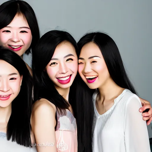 Prompt: close up studio shot of a group of beautiful young mixed Chinese Japanese women, long black hair, green eyes, laughing, photorealistic,8k, XF IQ4, 150MP, 50mm, F1.4, ISO 200, 1/160s, natural light