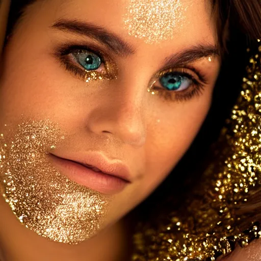 Prompt: Close-up of an angelic woman's face, wearing glitter. Photography, Canon.