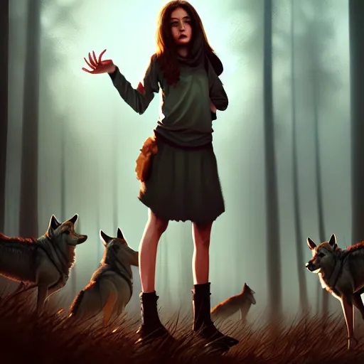 Image similar to a pretty girl surrounded by wolves, in the woods, digital painting, photorealistic, in the style of greg rutkowski, full body, detailed face