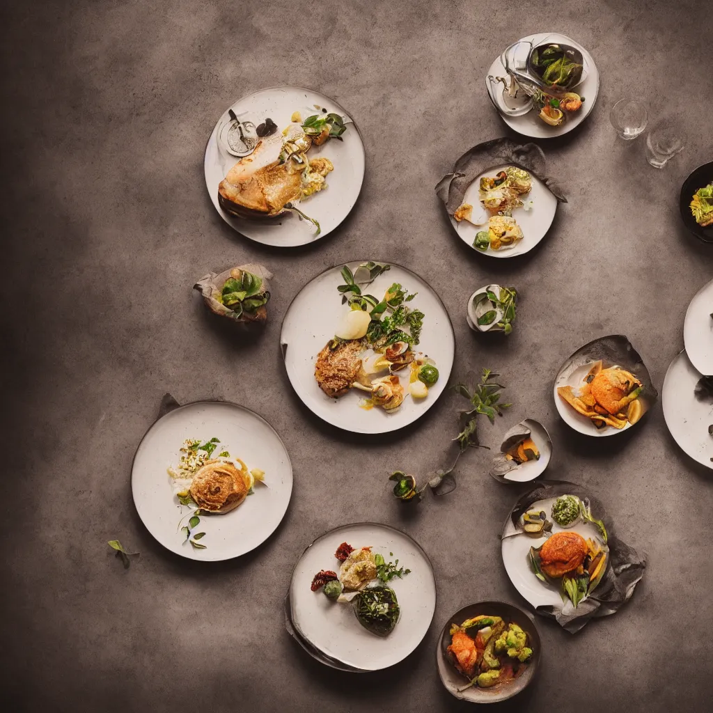 Image similar to afine dining dinner on a table, dynamic lighting, bokeh, carl zeiss 8 5 mm vintage lens, hyper realistic, award winning food photography