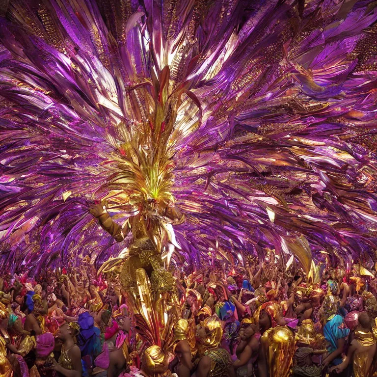 Prompt: wide angle octane render by wayne barlow and carlo crivelli and glenn fabry, a huge massive crowd of african dancers wearing elaborate colorful shining metallic costumes with bright feather headresses emerging from a giant spaceship, cinema 4 d, ray traced lighting, very short depth of field, bokeh