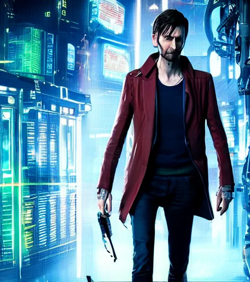 Image similar to David Tennant in the role of Doctor Who from Cyberpunk 2077, amazing short, 8K, IMAX, ultra detailed