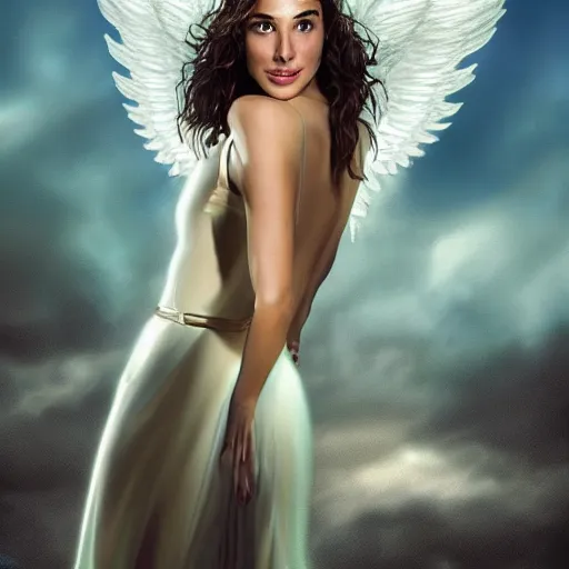 Image similar to Portrait of the beautiful woman Gal Gadot as an angel, she is coming down from the clouds, she has a crown, there is a glow coming from her, she is getting ulluminated from the sky, the photo was taking by Annie Leibovitz, matte painting, oil painting, naturalism, 4k, 8k