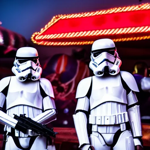 Prompt: stormtroopers trying to prizes at a fairground, dynamic lighting