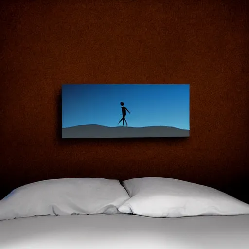 Prompt: digital art, stick figure sitting on the ledge of a bed, simplistic, creative