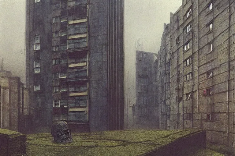 Image similar to cyberpunk, an estate agent listing photo, external view of a 1 bed flat in London, by Beksinski