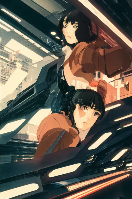 Prompt: Cinestill 800t, 8K, highly detailed, syd mead seinen manga 3/4 extreme closeup portrait, eye contact, focus on blade runner replicant model, tilt shift zaha hadid style anime background: famous syd mead anime remake, indoor lab scene