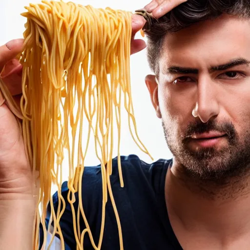 Prompt: photo of man being tied up with spaghetti