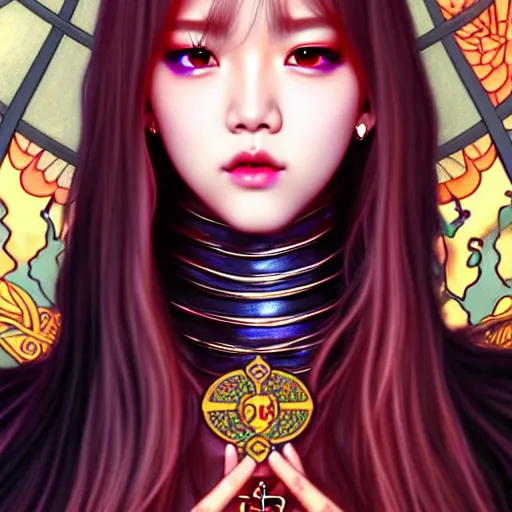 Image similar to lalisa manoban of blackpink, grim reaper costume, tarot card, highly detailed, digital painting, smooth, sharp focus, illustration, ultra realistic, 8 k, art by artgerm and alphonse mucha