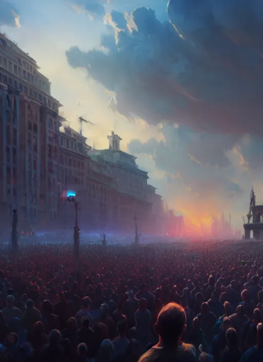 Image similar to painting of a crowd with raised arms pointing towardб demonstration, cinematic view, epic sky, detailed, concept art, low angle, high detail, warm lighting, volumetric, godrays, vivid, beautiful, trending on artstation, by jordan grimmer, huge scene, art greg rutkowski